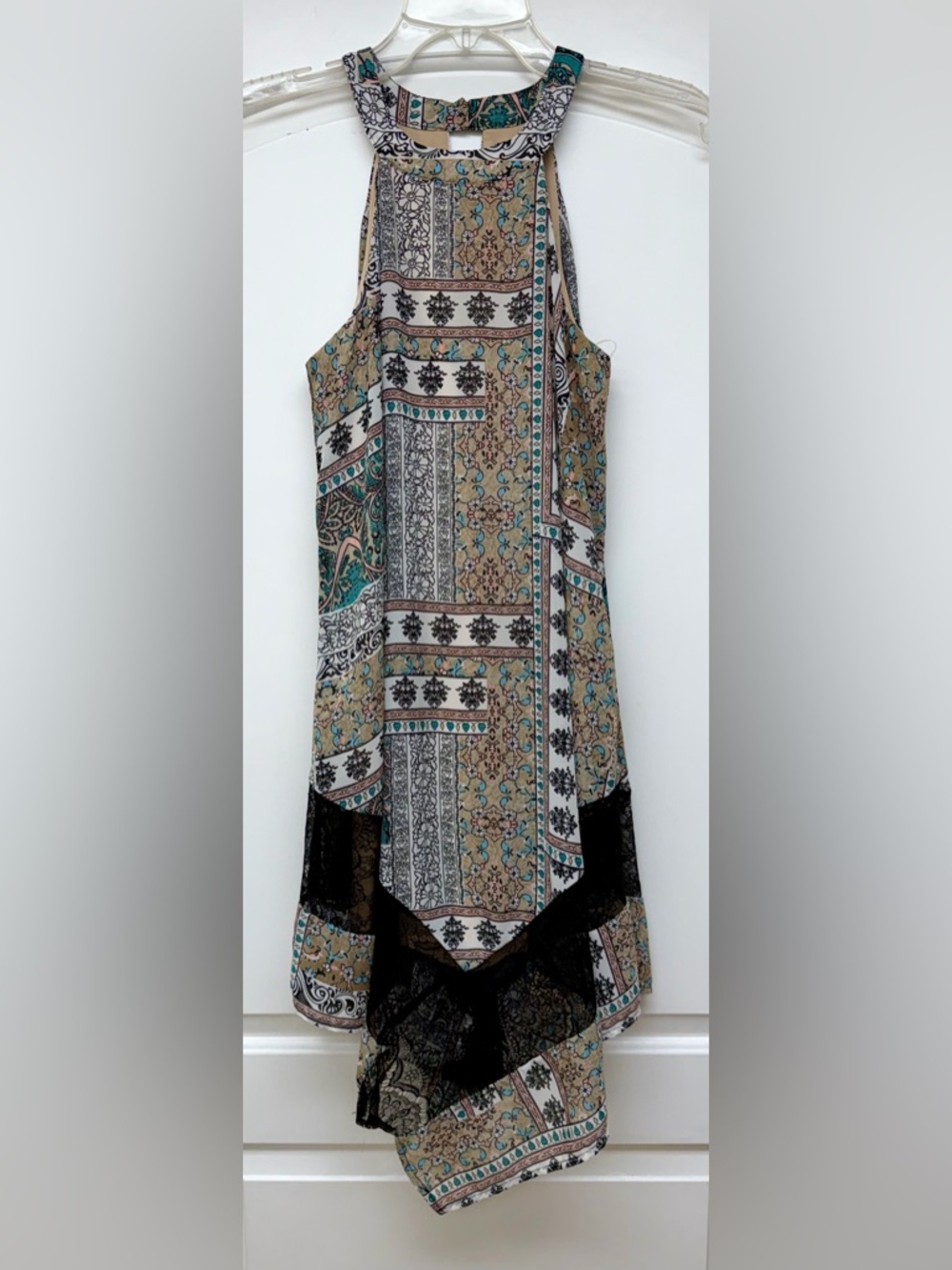 204: Paper Dill Multi-Pattern Halter High-Low Dress with Black Lace - Medium